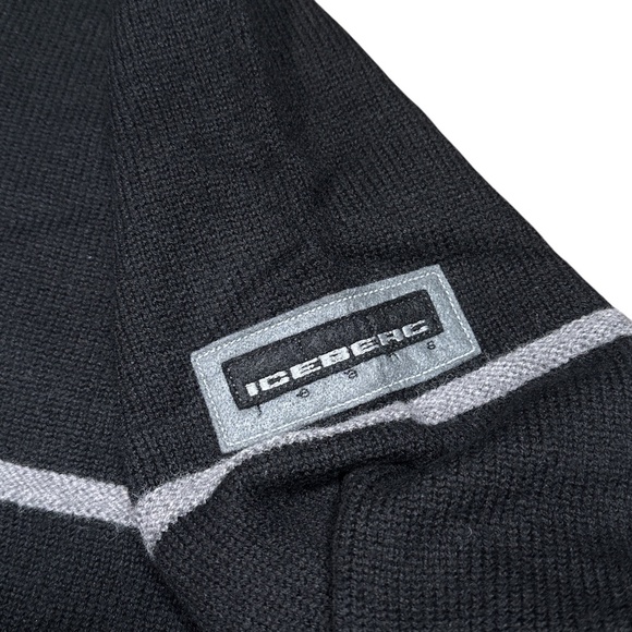 Vintage 90s Iceberg Jeans Wool Black Gray Logo Mock Neck Sweater Mens Medium - Picture 4 of 7